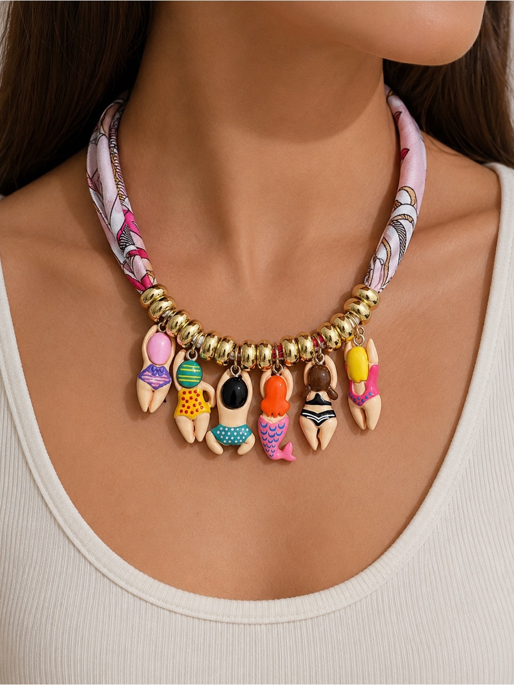 Summer Beach Babe Charm Scarf Necklace Pink Silk Statement Jewelry